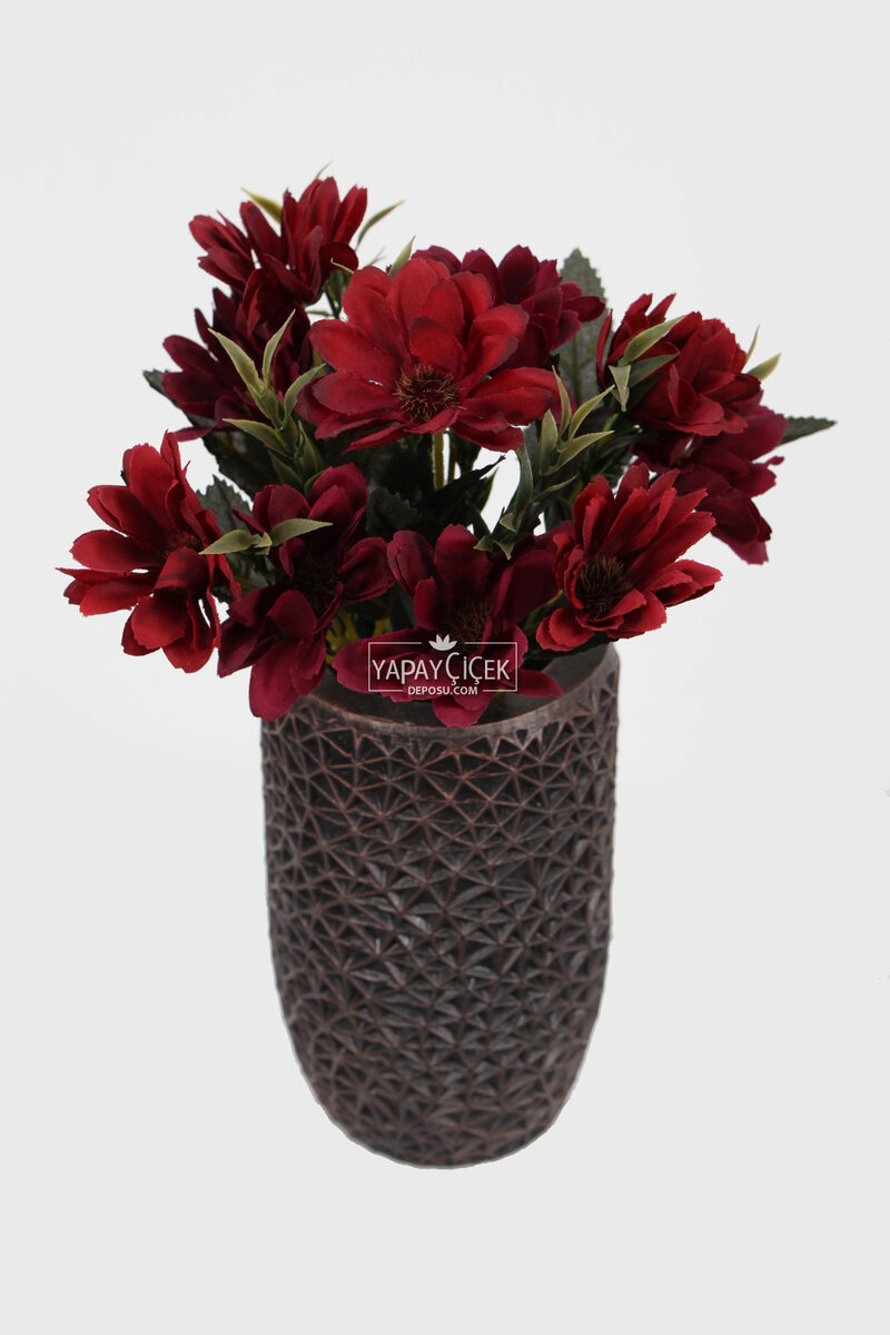 Lüx Beton Retro Tombul Vazoda Yapay Papatya Dekoru 25 Cm Bordo
