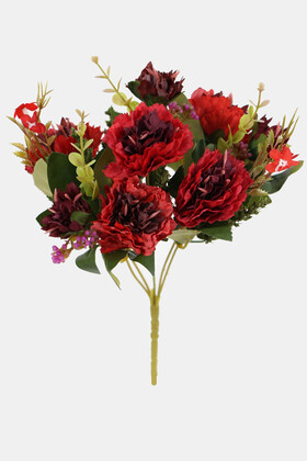 Yapay Çiçek Deposu - Yapay 5 Dal Garnitürlü Küçük Kasımpatı Demeti 30 cm Bordo-Kırmızı