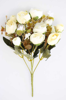 Yapay Çiçek Deposu - Brüksel Şakayık Gül Demeti (Beyaz-Krem)
