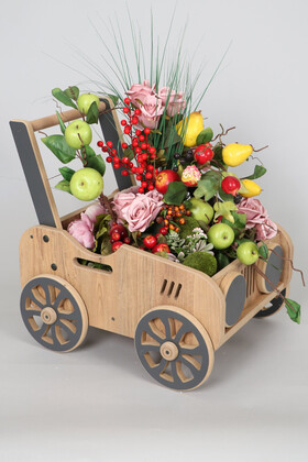 Yapay Çiçek Deposu - Büyük Boy Ahşap Arabada Yapay Çiçek Aranjmanı Meyve (40cmx50cmx60cm)