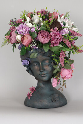 Yapay Çiçek Deposu - Dev Helen Heykel Büst Saksıda Çiçek Aranjmanı 60 cm Pastel Tonlar