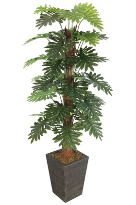 Yapay Çiçek Deposu - 36 Yapraklı Yapay Philodendron Deve Tabanı Ağacı 190 cm (Ahşap Siyah Gold-Saksıda)