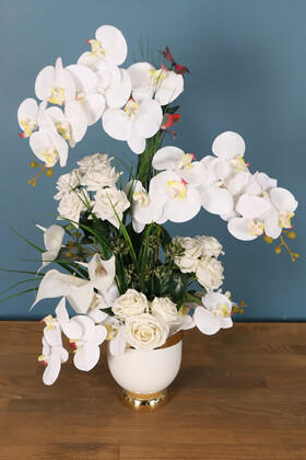 Yapay Çiçek Deposu - Metal Beyaz-Gold Saksıda Lüks Yapay Islak Orkide Gül Aranjmanı 75 cm