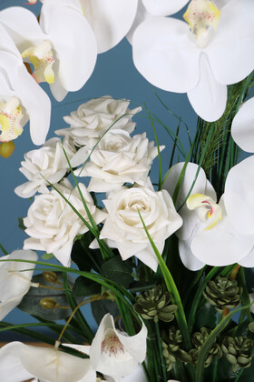 Metal Beyaz-Gold Saksıda Lüks Yapay Islak Orkide Gül Aranjmanı 75 cm - Thumbnail