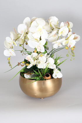 Yapay Çiçek Deposu - Metal Bronz Saksıda Lüx 6 Dal Orkide Beyaz