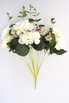 Yapay Çiçek Deposu - Yapay Çiçek 15 Dal Ortanca Gerbera Okaliptus Çiçekli Nirvana Demet Beyaz
