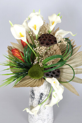 Mermer Desenli Lüks Beyaz Vazoda Yapay Çiçek Aranjmanı 55 cm (Gala) - Thumbnail