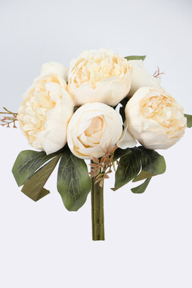 Yapay Çiçek Deposu - Yapay Çiçek 7li İri Lüx Şakayık Gül Buketi 28 cm Krem