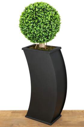 Yapay Çiçek Deposu - Kavisli Ahşap Saksıda Yapay Top Şimşir Ağacı 110 cm