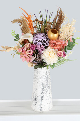 Yapay Çiçek Deposu - Mermer Desenli Lüks Beyaz Vazoda Yapay Çiçek Aranjmanı 60 cm (Alaçam)