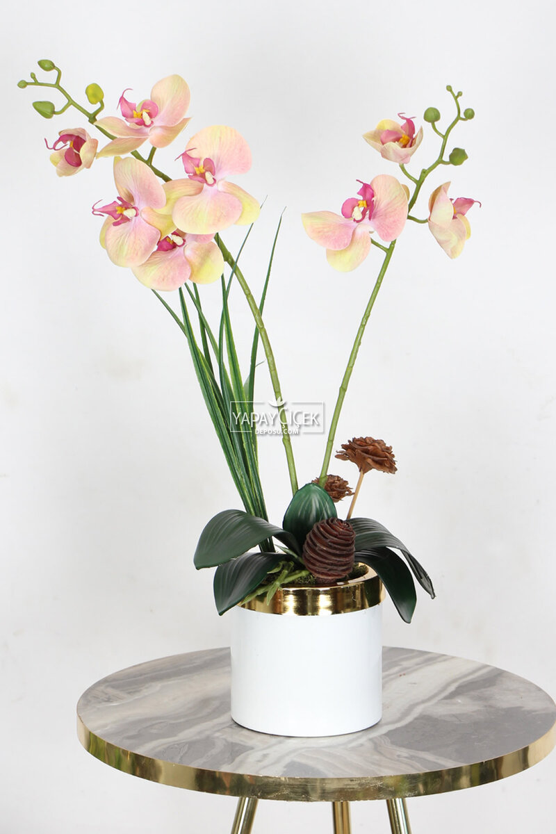 Mini Metal Beyaz Gold Saksıda Yapay Islak Orkide Tanzimi 55 cm Somon