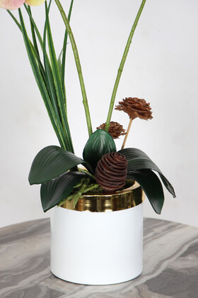 Mini Metal Beyaz Gold Saksıda Yapay Islak Orkide Tanzimi 55 cm Somon - Thumbnail