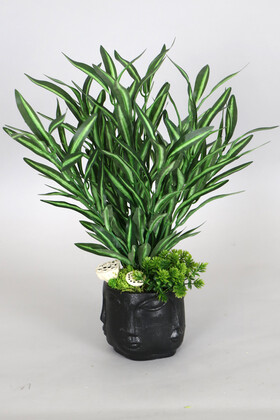 Yapay Çiçek Deposu - Çoklu Yüz Beton Saksıda Kabarık Yapay Bitki 38 cm Yeşil Beyaz