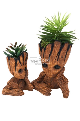 Yapay Çiçek Deposu - Odun Model Beton Groot Saksı 2li Succulentli Set Trend