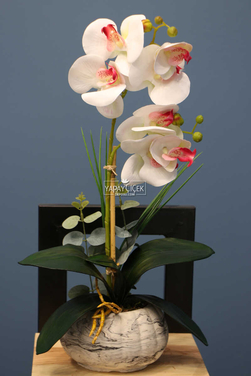 Dekoratif 2li Mini Yapay Islak Orkide Tanzimi Beyaz-Pembe 45 cm
