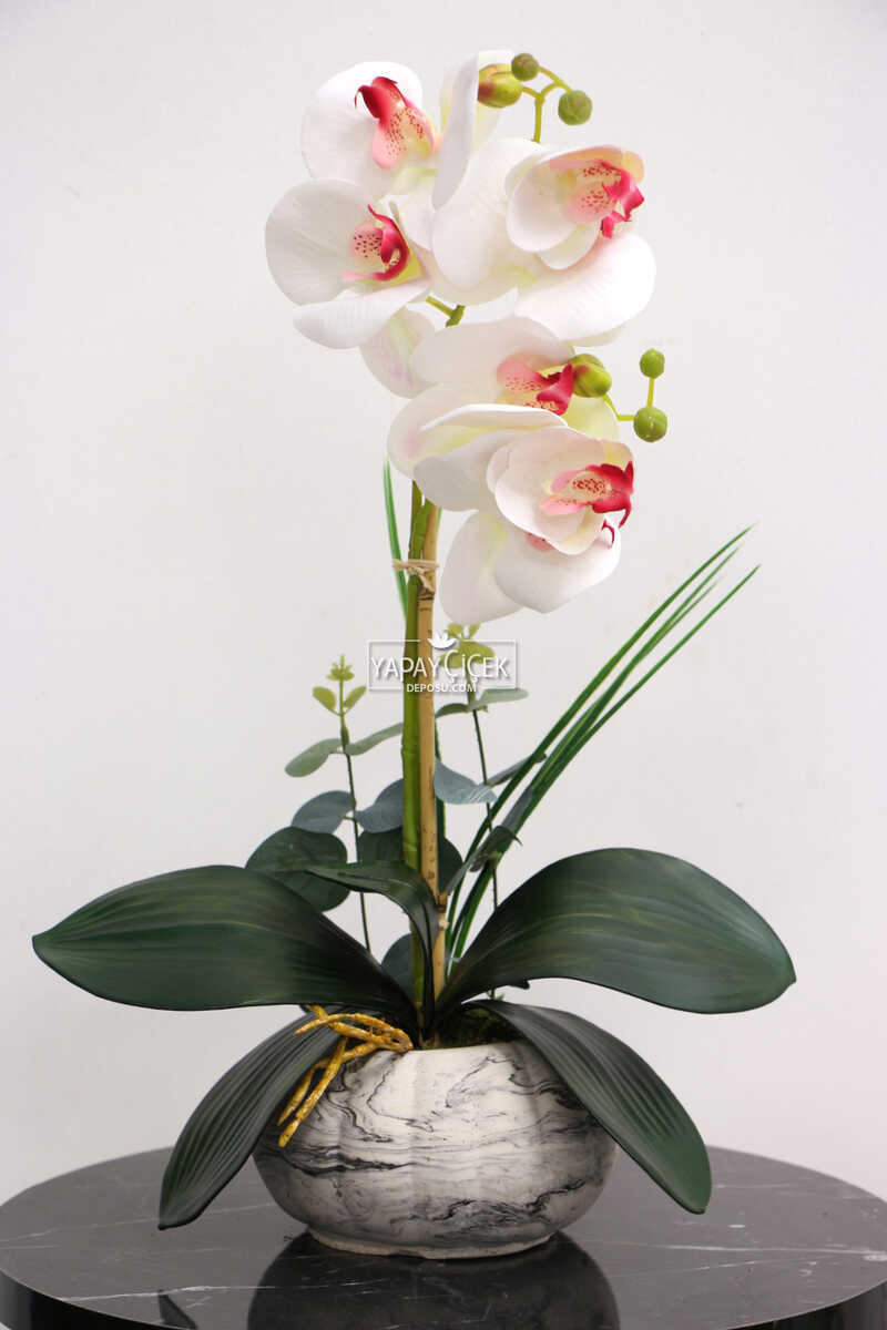 Dekoratif 2li Mini Yapay Islak Orkide Tanzimi Beyaz-Pembe 45 cm
