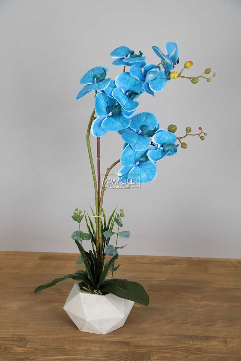 Dekoratif 2li Nismo Yapay Islak Orkide Tanzimi Mavi 65 Cm