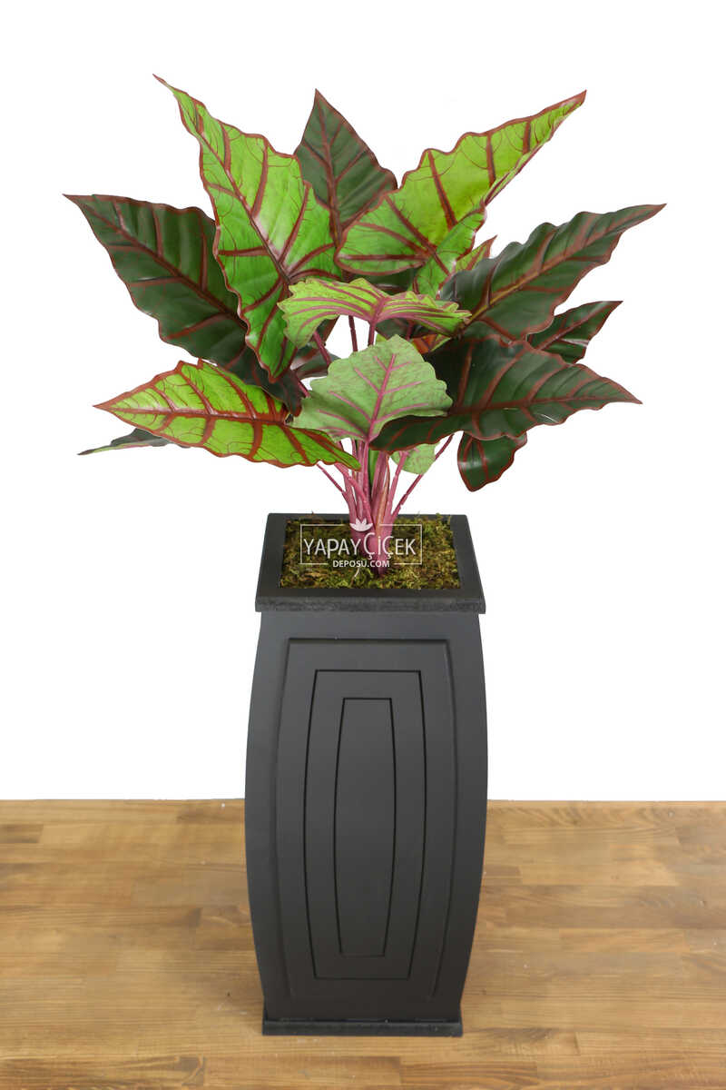 Yapay Alocasia Bitkisi Ahşap Saksıda 120 Cm Yeşil-kızıl