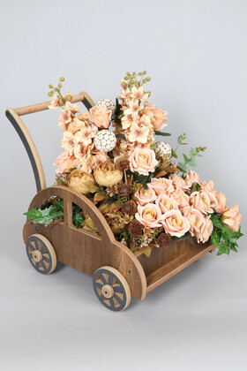 Yapay Çiçek Deposu - Büyük Boy Ahşap Arabada Yapay Çiçek Aranjmanı Şebboy (40cmx50cmx65cm)