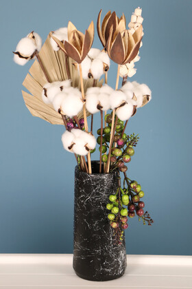 Yapay Çiçek Deposu - Mermer Desenli Lüks Vazoda Tropikal Pamuk Dalı Aranjmanı 46 cm Kokina