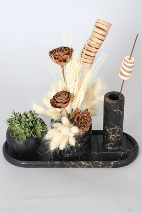 Yapay Çiçek Deposu - Mermer Desenli Tepsili Yapay Kuru Çiçek Tanzimi 3lü Set Model 1