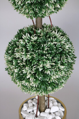 Metal Beyaz Gold Saksıda Yapay Top Şimşir Defne Ağaç 185 cm Yeşil-Beyaz - Thumbnail