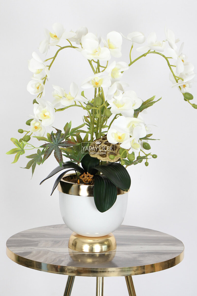 Metal Beyaz-Gold Saksıda Yapay Orkide Tanzimi 45 cm Lobbi