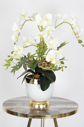 Yapay Çiçek Deposu - Metal Beyaz-Gold Saksıda Yapay Orkide Tanzimi 45 cm Lobbi