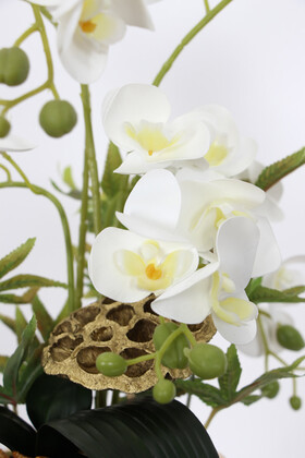 Metal Beyaz-Gold Saksıda Yapay Orkide Tanzimi 45 cm Lobbi - Thumbnail