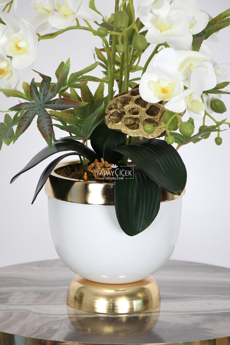 Metal Beyaz-Gold Saksıda Yapay Orkide Tanzimi 45 cm Lobbi
