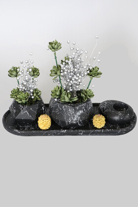 Yapay Çiçek Deposu - Mermer Desenli Tepsili Yapay Kuru Çiçek Tanzimi 3lü Set Model 2