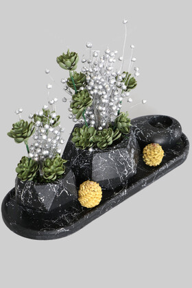 Mermer Desenli Tepsili Yapay Kuru Çiçek Tanzimi 3lü Set Model 2 - Thumbnail