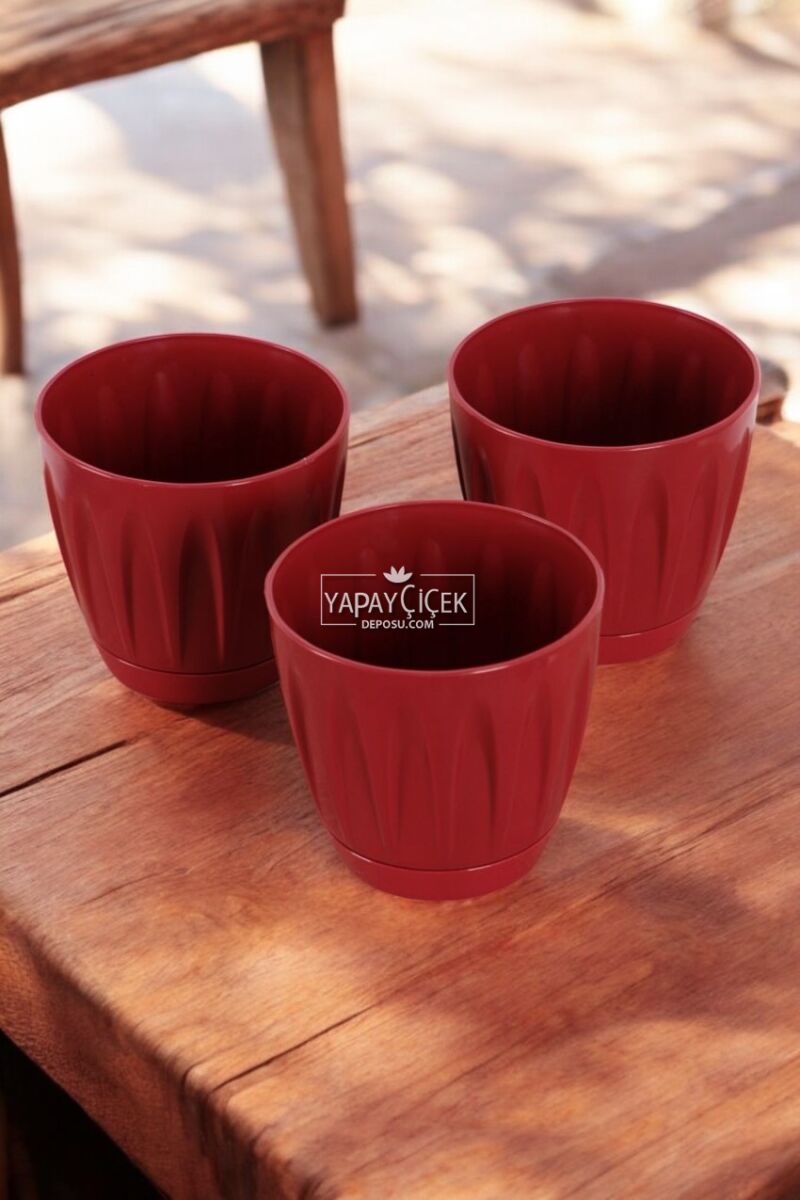Dekoratif Papatya Saksı 3lü Set Bordo 0,7 Litre