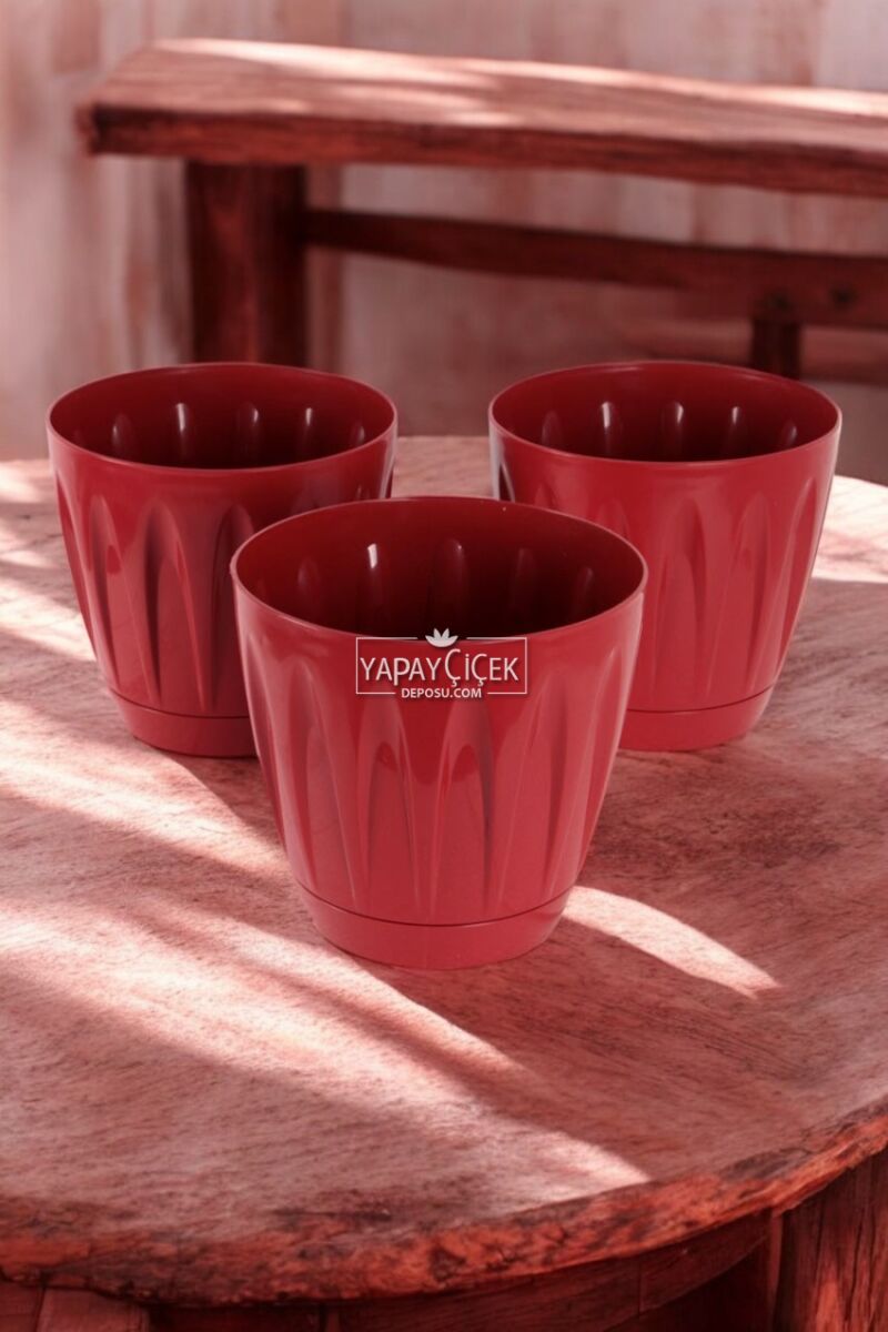 Dekoratif Papatya Saksı 3lü Set Bordo 12 Litre