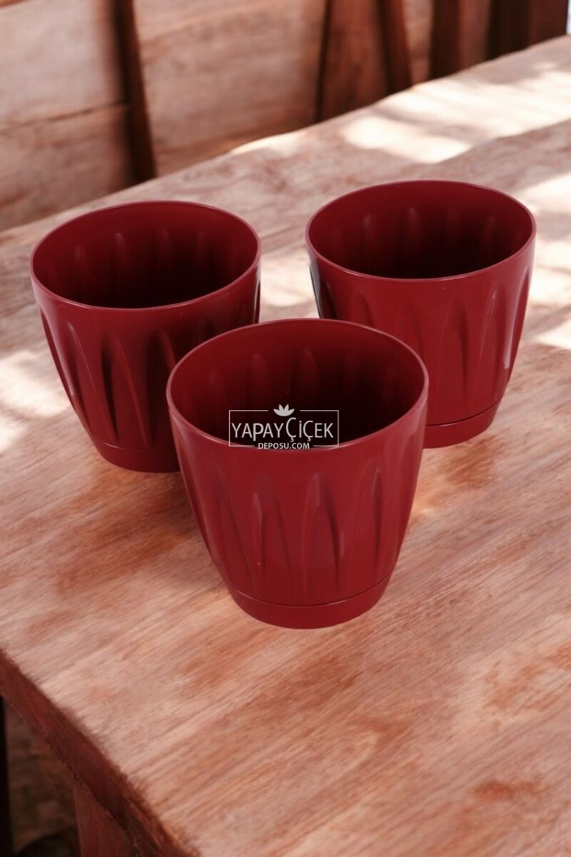 Dekoratif Papatya Saksı 3lü Set Bordo 3 Litre