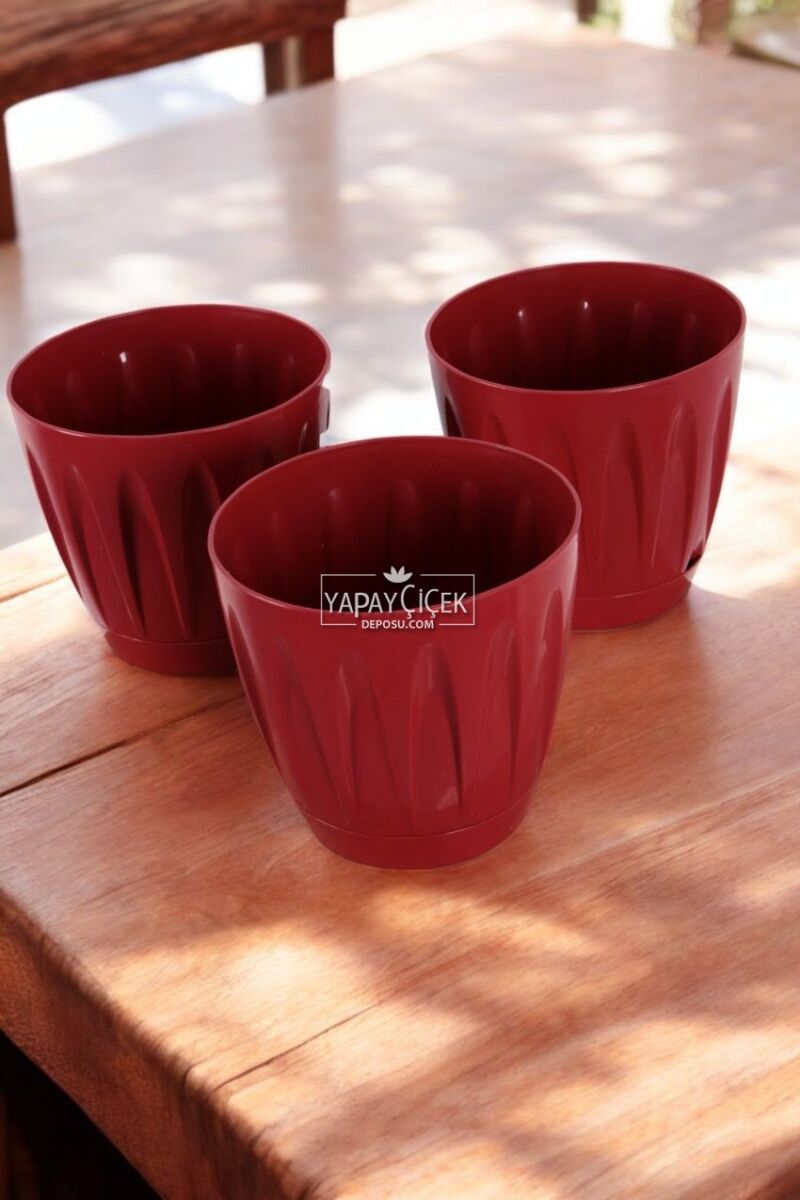Dekoratif Papatya Saksı 3lü Set Bordo 6 Litre