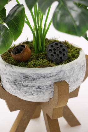 Ahşap Ayaklı Beton Saksida Yapay Monstera Bitkisi 44 cm(Beyaz Saksı) - 2