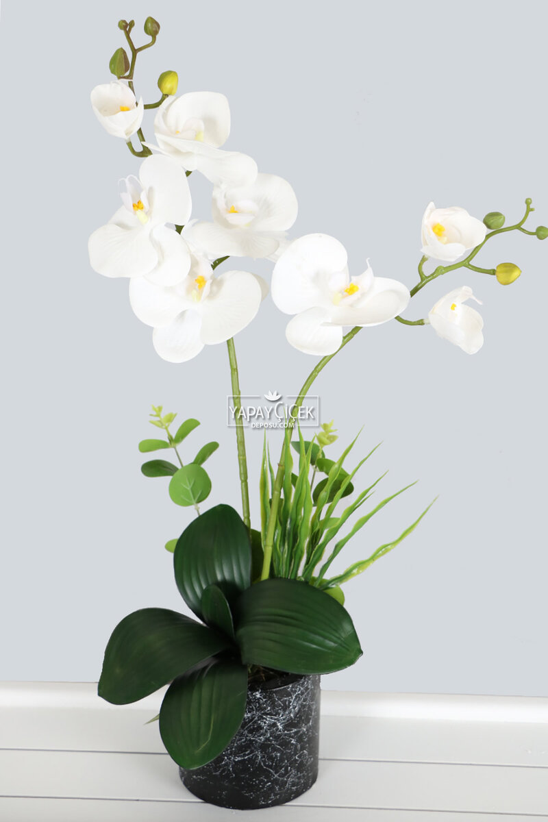 Mermer Desenli Saksıda Mini Yapay Islak Orkide Tanzimi 52 cm Beyaz