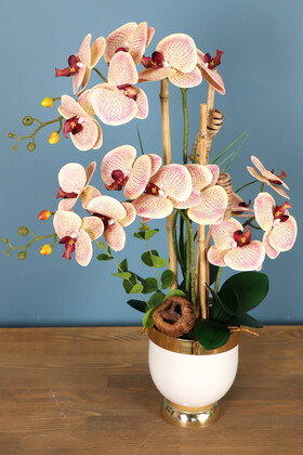 Yapay Çiçek Deposu - Metal Beyaz-Gold Saksıda Yapay Orkide Krem Fuşya Benekli