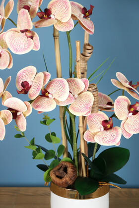 Metal Beyaz-Gold Saksıda Yapay Orkide Krem Fuşya Benekli - Thumbnail