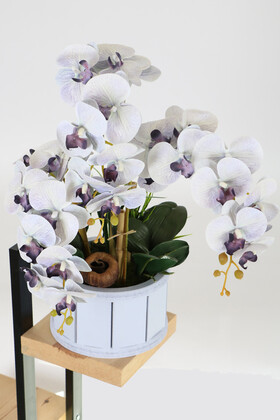 Yapay Çiçek Deposu - Oval Renkli Ahşap Saksıda 3 Dal Orkide Aranjmanı 55 cm Gri Mor