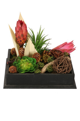 Yapay Çiçek Deposu - Ahşap Saksıda Yapay Succulent Bahçesi Tropikal Model