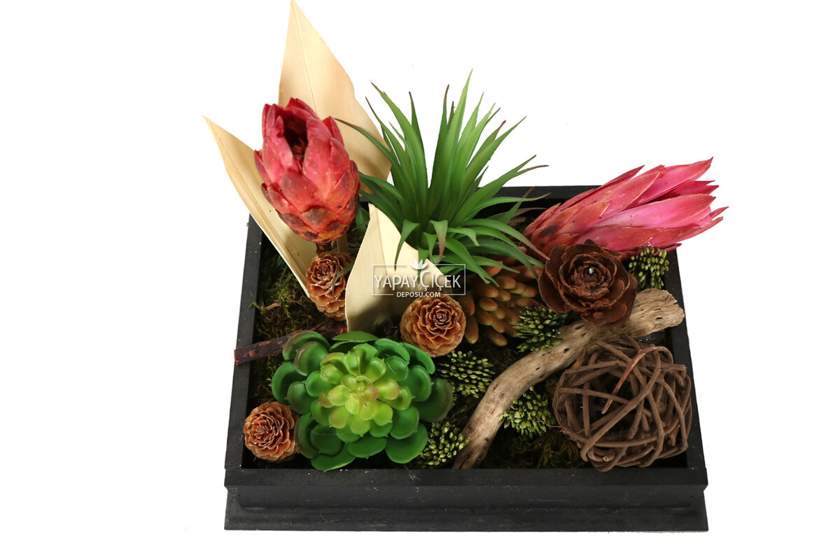 Ahşap Saksıda Yapay Succulent Bahçesi Tropikal Model