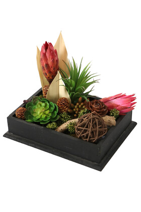Ahşap Saksıda Yapay Succulent Bahçesi Tropikal Model - Thumbnail