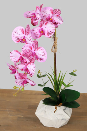 Yapay Çiçek Deposu - Beton Saksıda Yapay Baskılı Islak Orkide 55 cm Fuşya Çizgili