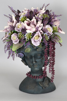 Yapay Çiçek Deposu - Dev Helen Heykel Büst Saksıda Çiçek Aranjmanı 60 cm Mor Tonlar