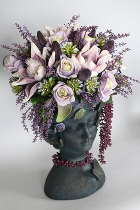 Dev Helen Heykel Büst Saksıda Çiçek Aranjmanı 60 cm Mor Tonlar - Thumbnail