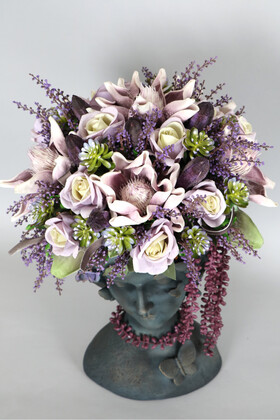 Dev Helen Heykel Büst Saksıda Çiçek Aranjmanı 60 cm Mor Tonlar - Thumbnail