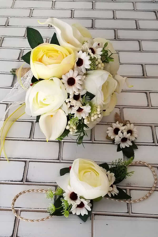Gelin Buketi Dios Beyaz Gül Sarı Şakayık Va Papatyalar Kokteyli 3lü Set