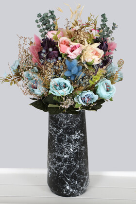 Yapay Çiçek Deposu - Mermer Desenli Lüks Vazoda Yapay Çiçek Tanzimi 40 cm Lavander